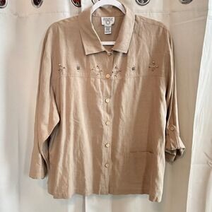 Cervelle Womens 1X Silk Linen Top Tan Embellished Button Up Lagenlook Boho 19928